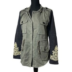 Anthropologie Sanctuary Green and Black Embroidered Utility Anorak Jacket